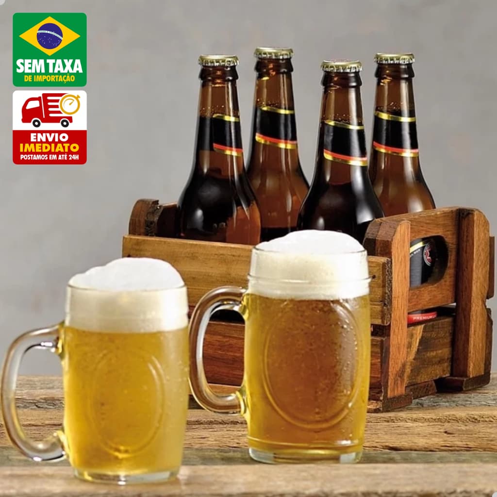 Caneca de Chopp em Vidro 350ml Kit Tradicional Espesso Em Casa Tem Glass Congele e Sirva
