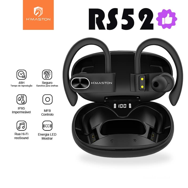H'MASTON Fone De Ouvido Bluetooth 5.3 TWS Fones Sem fio Esportivo Touch Resistente Suor Poeira