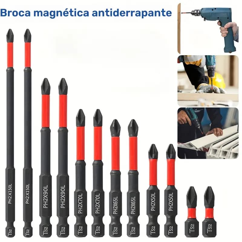 Conjunto de brocas magnéticas antiderrapantes de 12 peças para brocas de impacto de aço S2 de 1/4" de haste