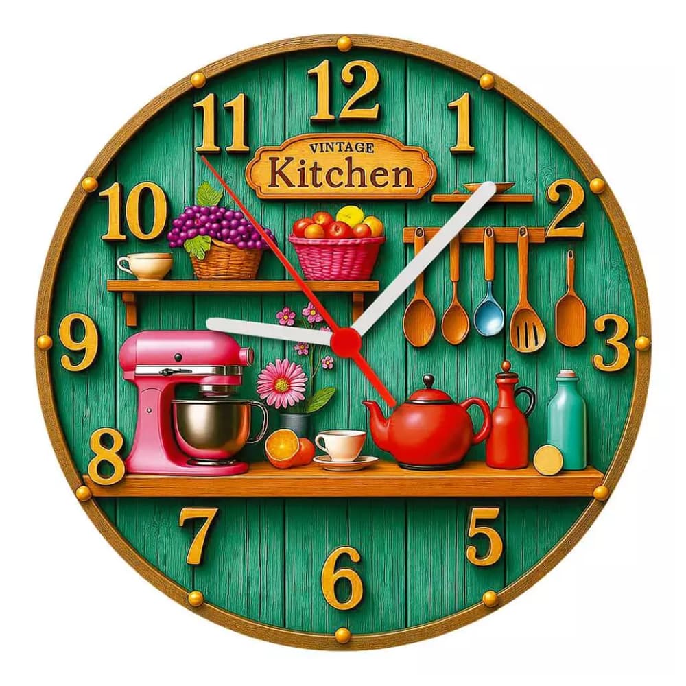 Relógio de Parede - Cozinha Vintage Fundo Verde Efeito 3D Antigo - 25x25x2cm