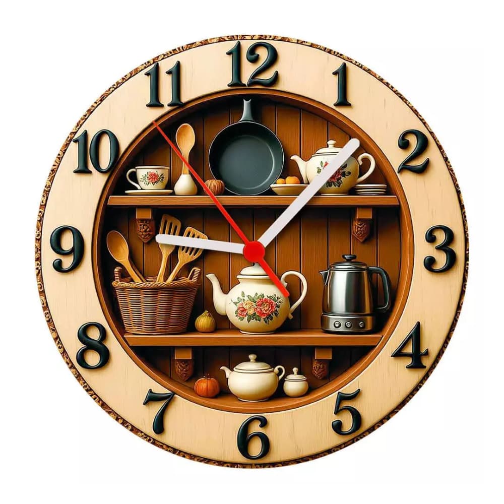 Relógio de Parede - Amadeirado Cozinha Vintage Bule Antigo Efeito 3D - 24,5x24,5x2cm
