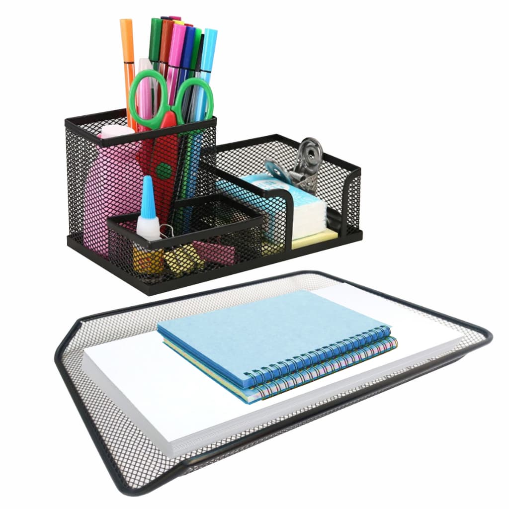 Kit Bandeja Organizadora Papel Mesa Escritório Porta Caneta Branco Preto Dourado