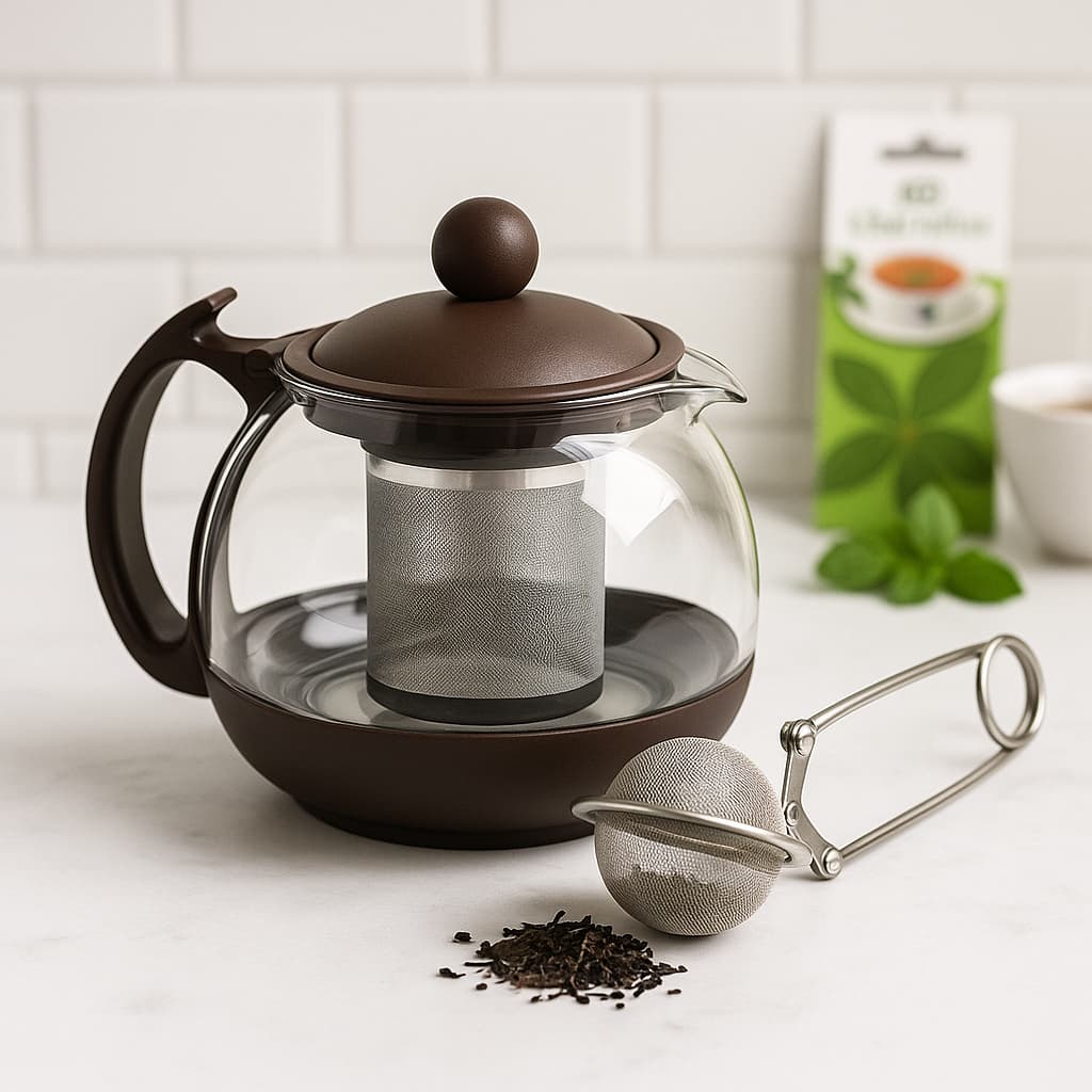 Bule de Vidro 750ml Chaleira com Infusor Inox para Chá e  Infusor de Chá Bola em Inox