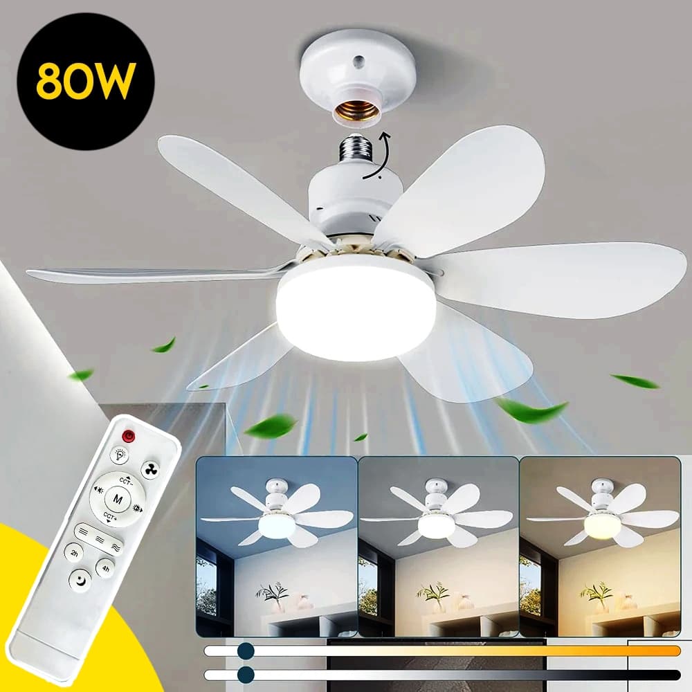 Ventilador de Teto Lâmpada E27 Silencioso 52cm Bivolt 2 em 1 80W Controle Remoto PREMIUM