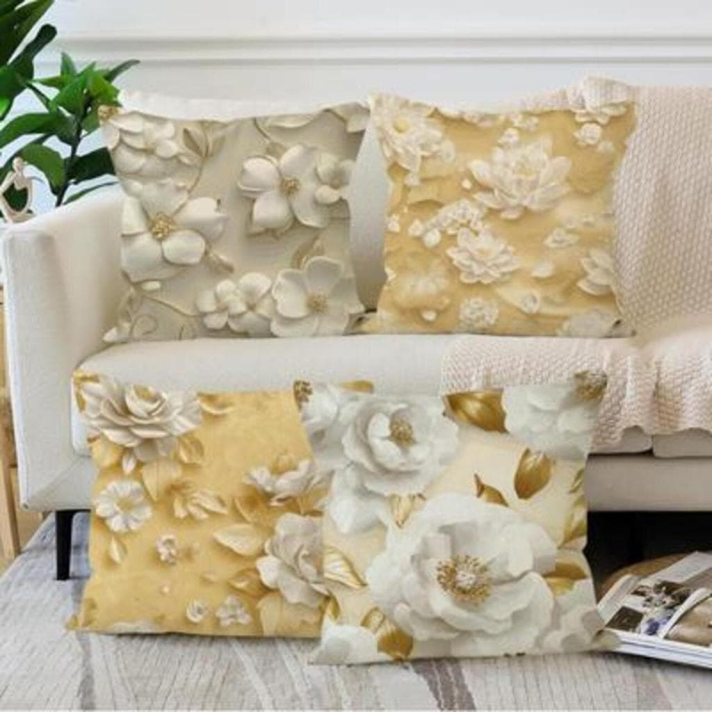 Capas de Almofada Decorativa 3D Floral Luxo Dourada Branca - 45x45 cm