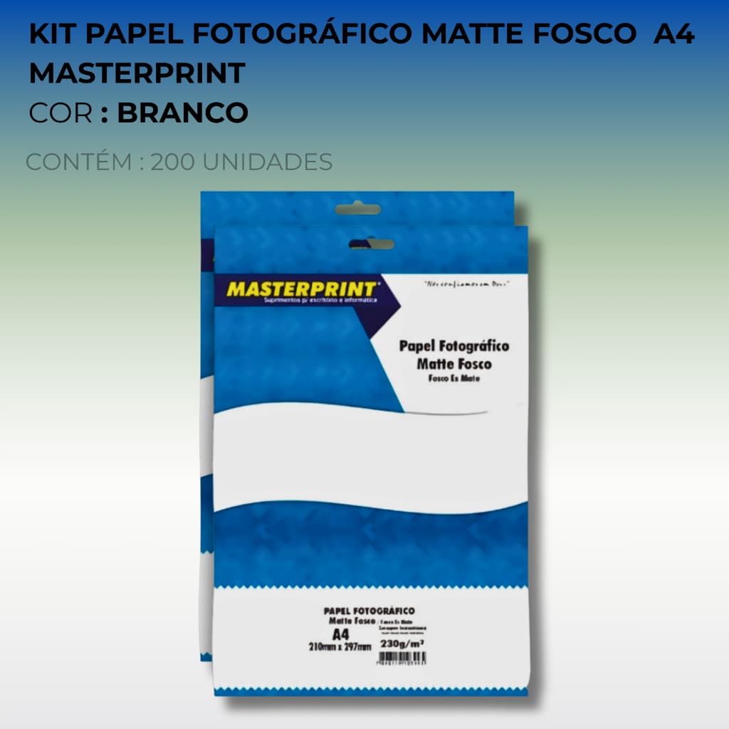 KIT Papel Fotográfico Matte Fosco 230g/m² - A4 - 200 Folhas MASTERPRINT