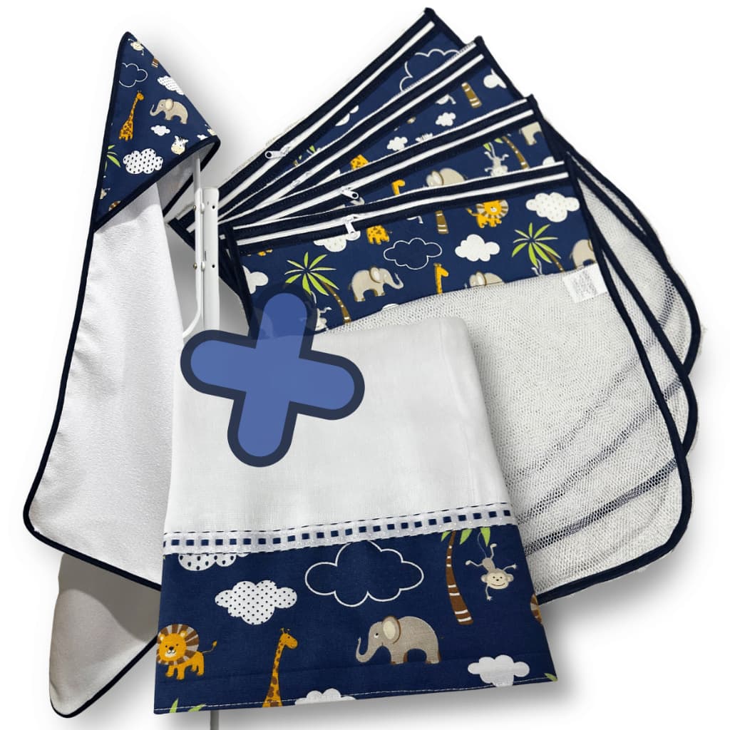 Kit Enxoval Bebê 6 peças – Toalha com Capuz Forrado Estampado + Fralda Toalha + 4 Saquinhos Tule com Zíper