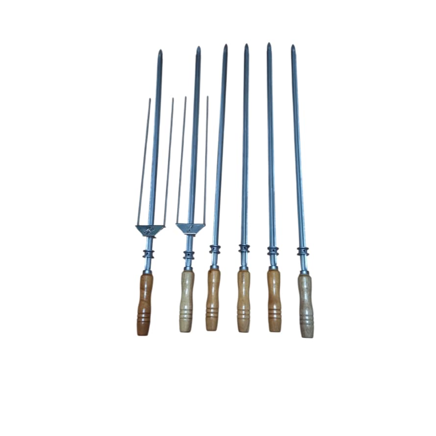 Kit 6 espetos carne 85cm  com roldana móvel + 2 garras longas