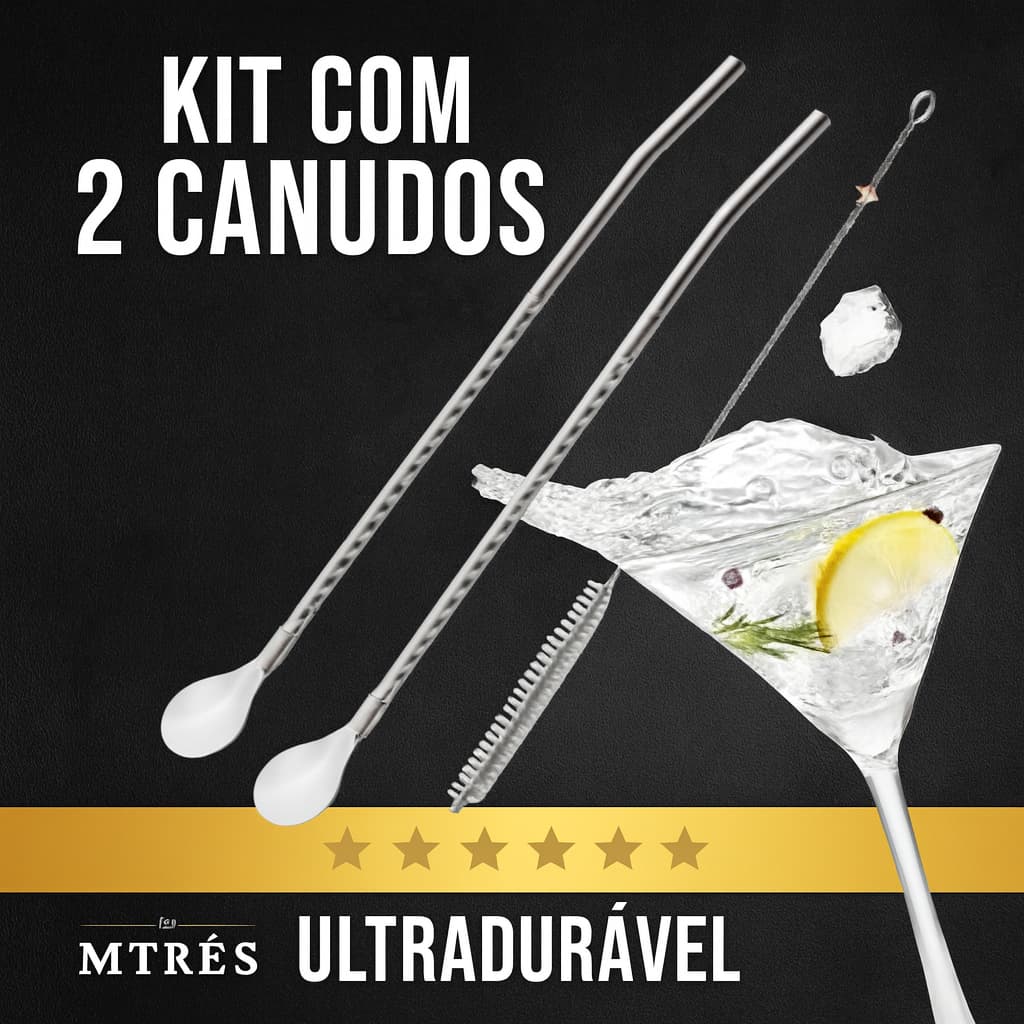 Kit 2 Colher Canudo Gin e Drinks para Bebida mais Escova Limpador