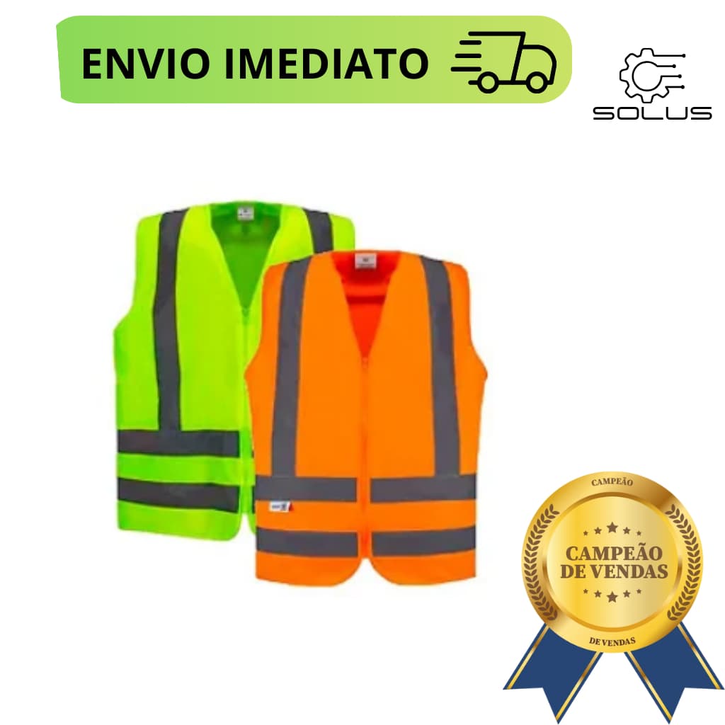 Colete Refletivo, com faixas refletivas nas cores laranja e verde (obra, logística, indústria)