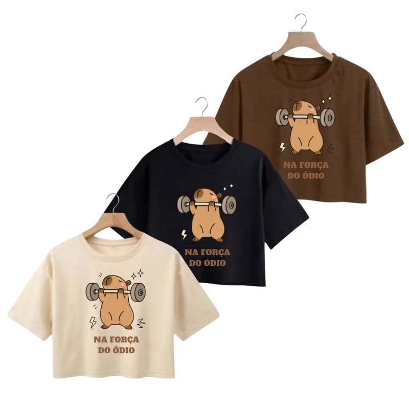 Kit 3 Cropped Feminino Academia Estampado Capivara em Algodão Manga Curta Confortável