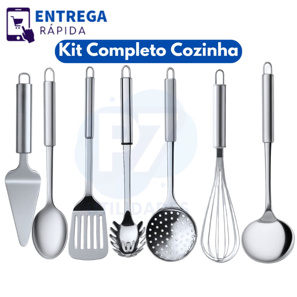 Kit 7 Utencilios de Cozinha Inox Utensílios de Cozinha Escumadeira Concha Espátula Bolo Fuet Colher