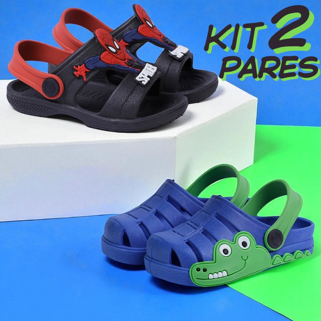 Kit 2 Pares Sandália Infantil Menino Spider e Papete Masculina Azul Jacaré Confortável