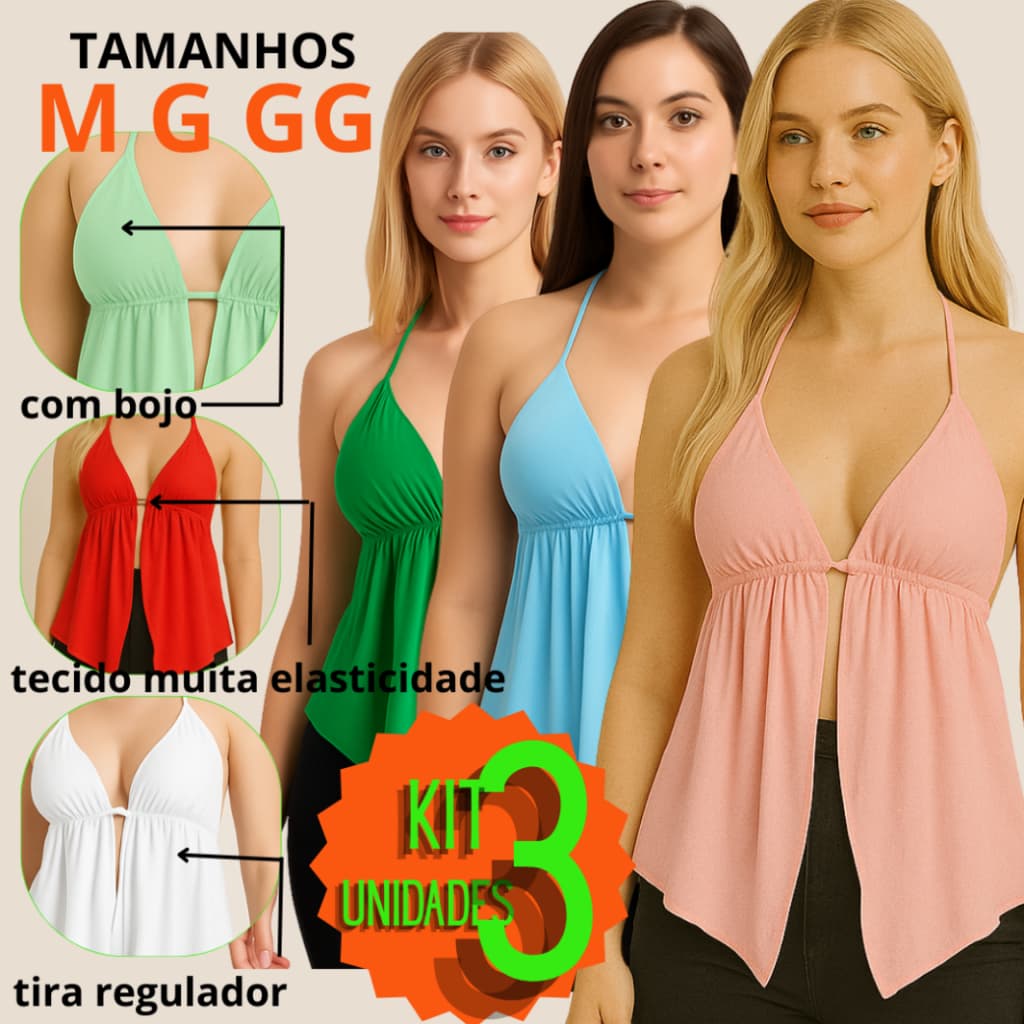 Kit 3 Tops Malibu Feminino com Bojo Cropped Ajustável Alça Amarração nas Costas Moda Gringa Verão