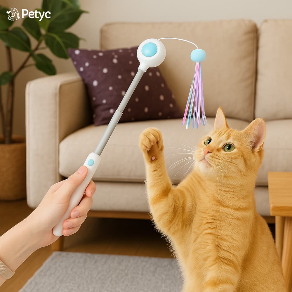 Varinha Brinquedo Interativo para Gatos com Laser, Penas e Sino, Franja e Cabo Extensível
