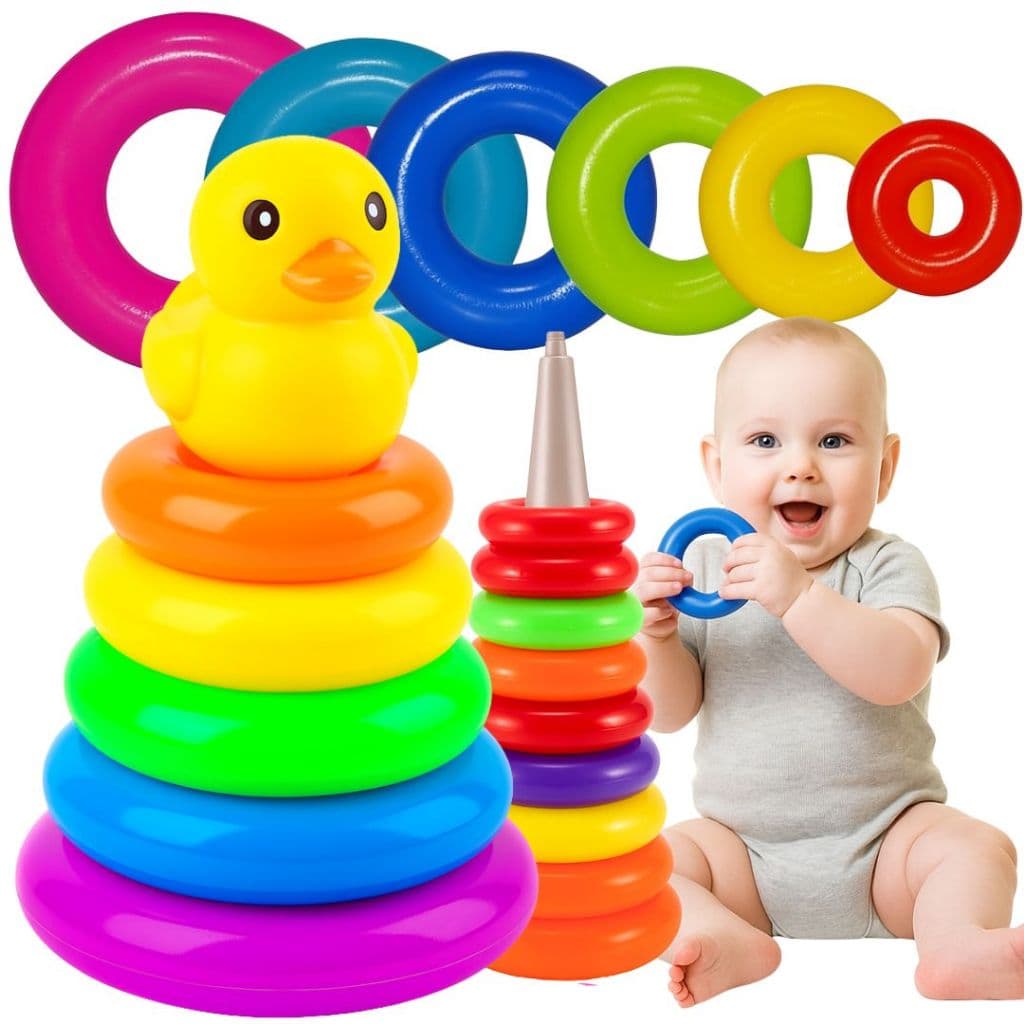 Brinquedo Infantil Torre De Argolas Bebê Torre De Empilhar Patinho Bebê  Arco-Íris Rainbow De 6 A 18 Meses