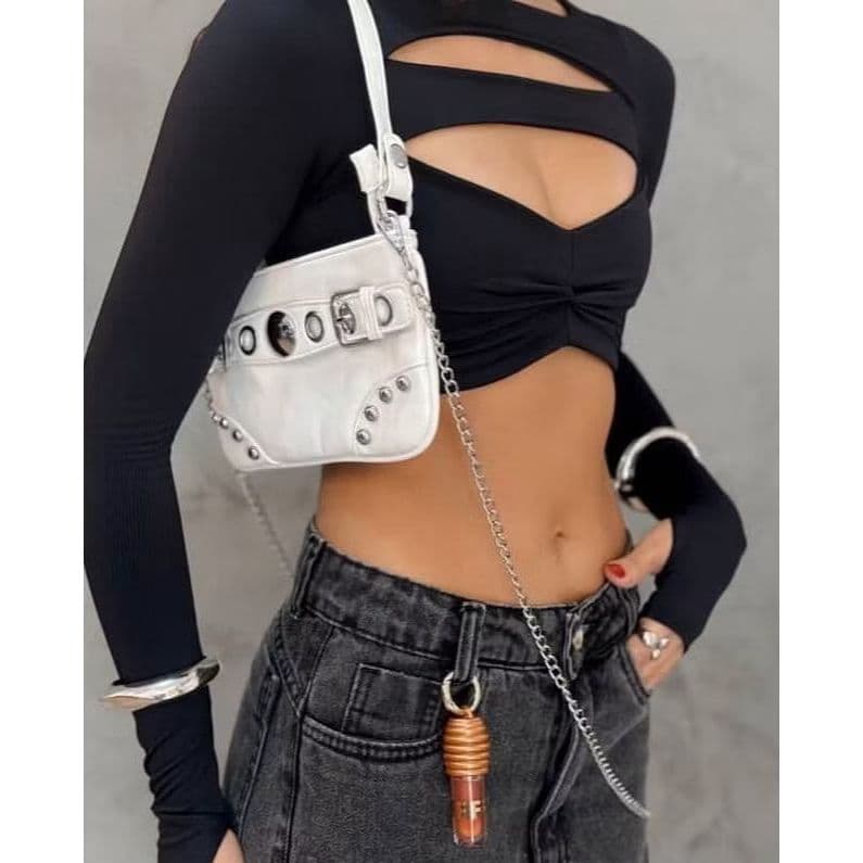 Bolsa feminina de ombro transversal de sair pra festas ou baladas, fecho de ziper chique prateado#5316