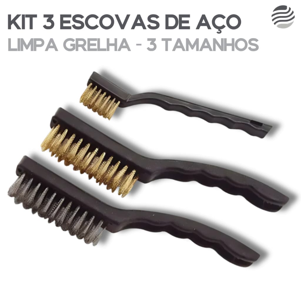 Kit 3 Escova Multiuso de Aço Limpeza Pesada | Tira Ferrugem Utensílios Limpa Grelha e Churrasqueira