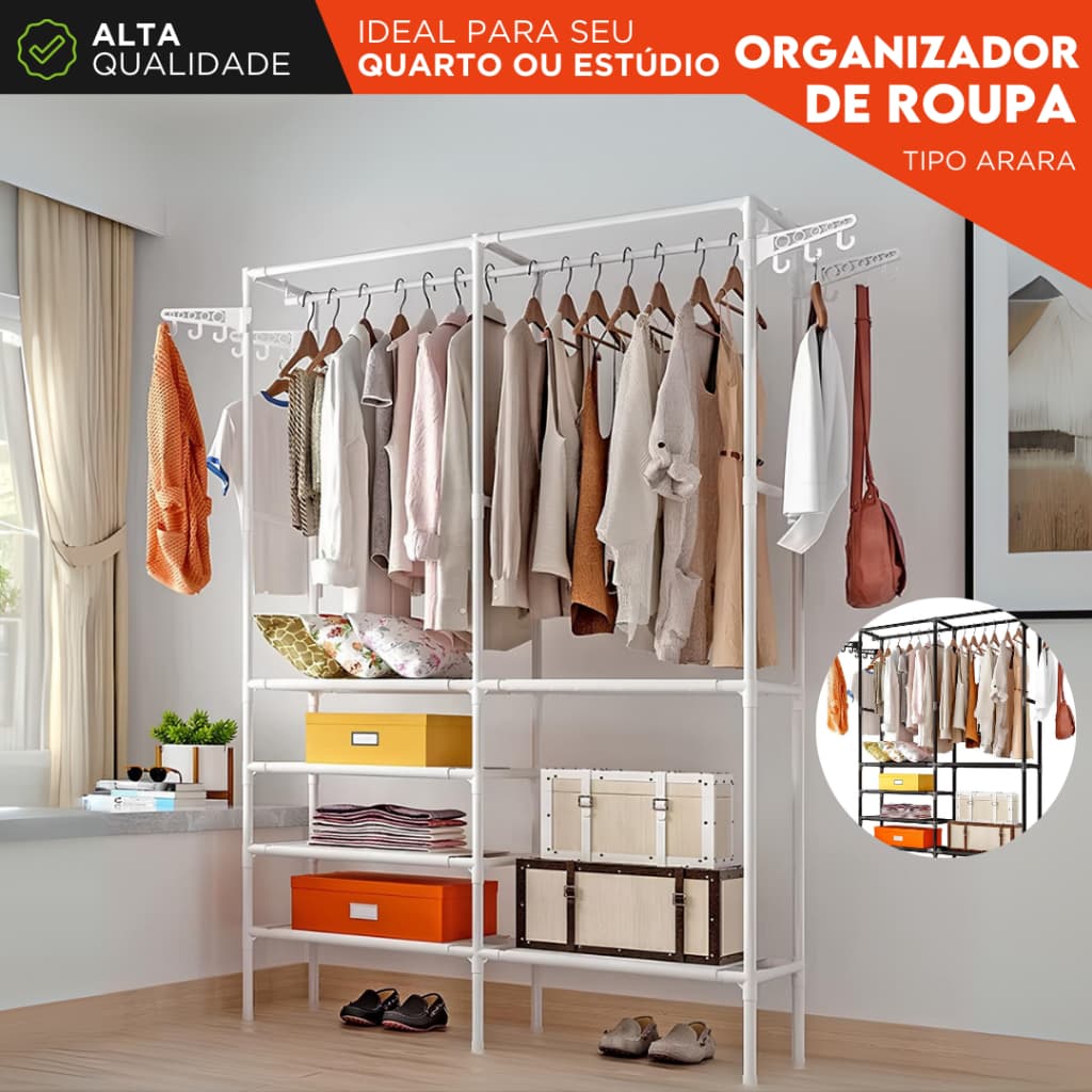 Guarda Roupa Arara Portátil Organizador de Roupas C/ Prateleiras e Divisórias Estrutura Reforçada SH