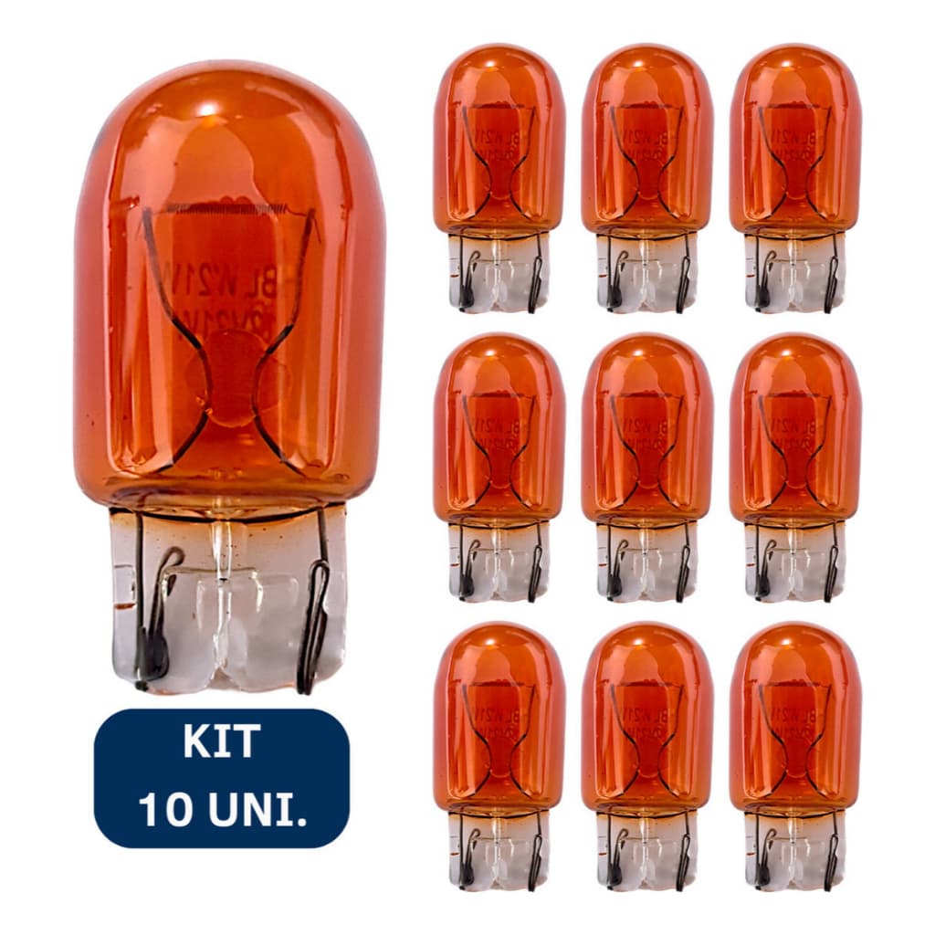 Kit 10 Lâmpada Seta T20 Âmbar W21/5W 12V 2 Polos Pingão Automotiva Pisca Carro Moto Lanterna Filamen