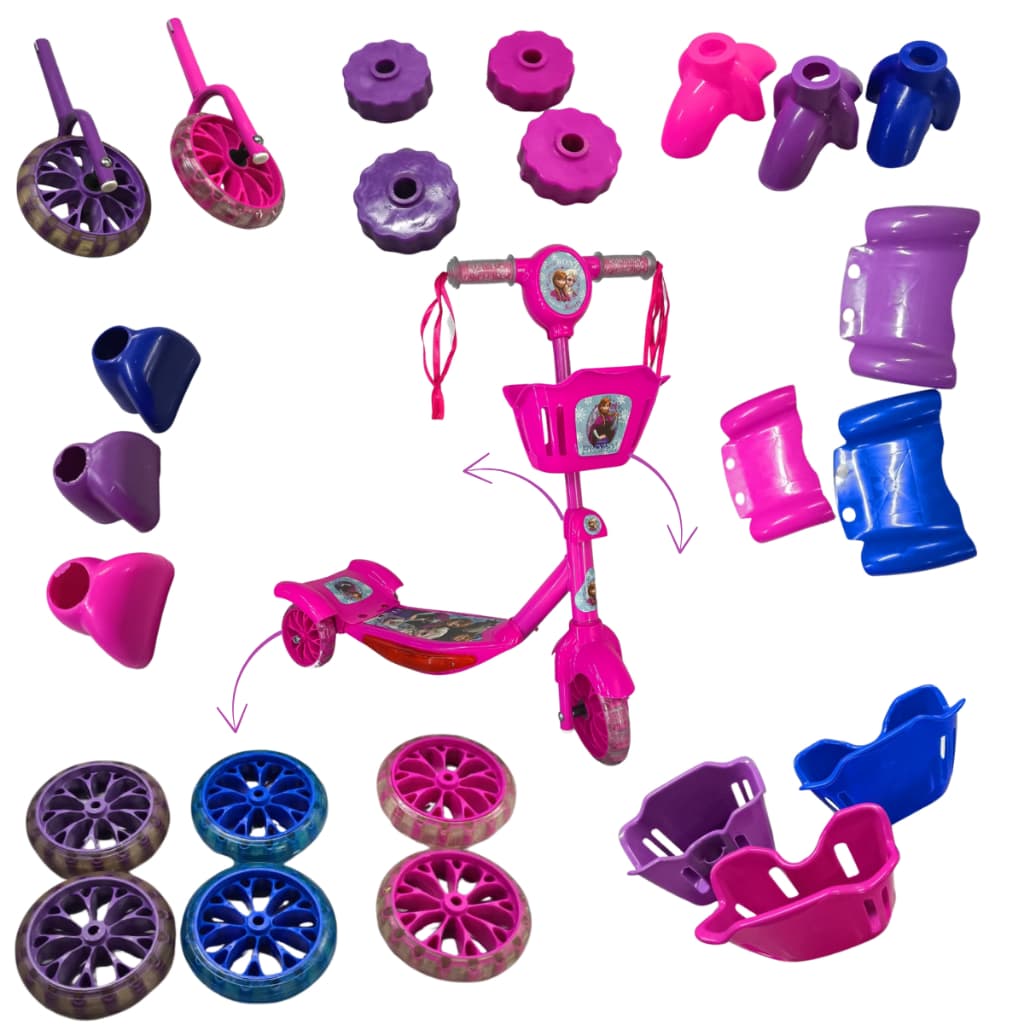 Peças Patinete Cesta 3 Rodas Buchas, Rodas, Cestinhas Azul, Roxo, Rosa