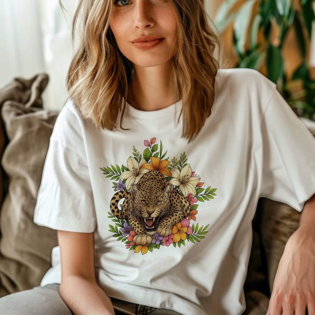 Camiseta Feminina Onça Floral 100% Algodão Estampada – Força e Estilo Tropical - Maria Corina