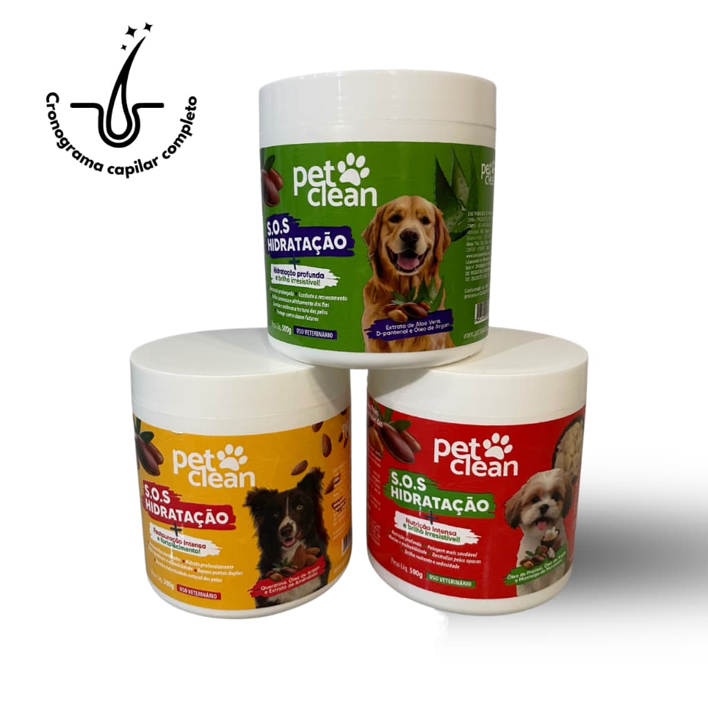 Kit Mascara Cronograma Capilar S.O.S Hidratação Pet Clean Mascaras para Cães e Gatos 500g