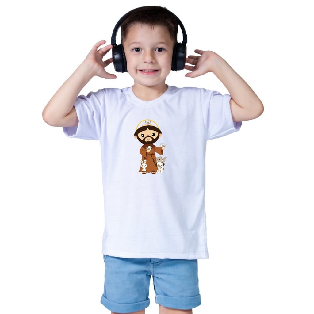 Camiseta Roupa Infantil São Francisco de Assis Padroeiro Santo Animais Fofo