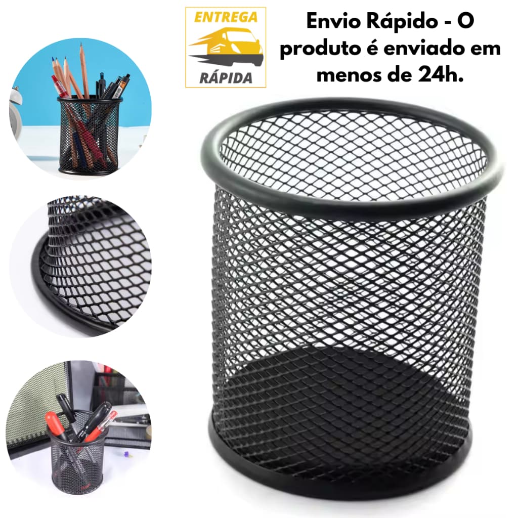 Porta Caneta de Metal Lápis Clips Redondo Aramado Preto Organizador Escritório Office Resistente