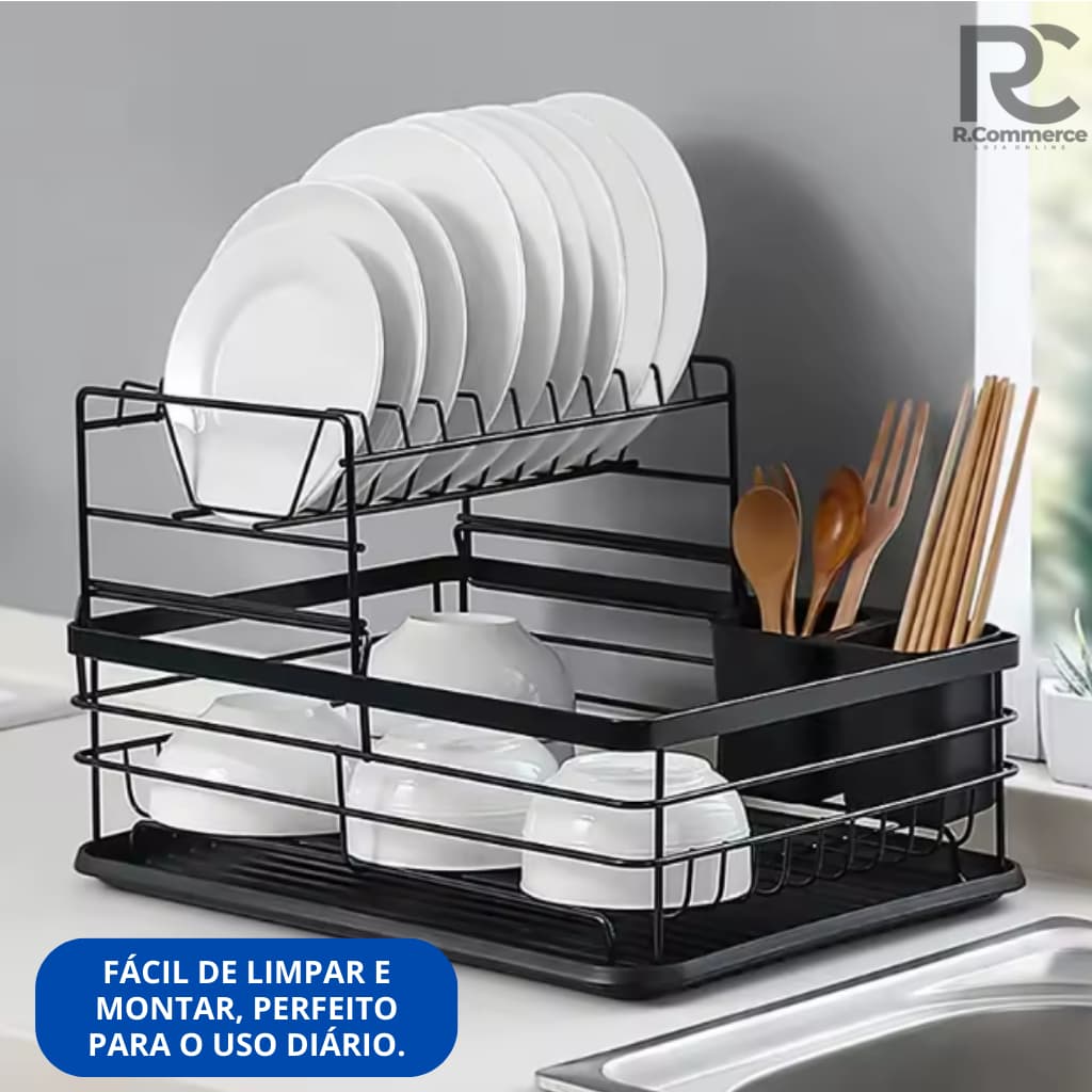 Escorredor Louça Organizador Cozinha Bandeja Porta Talheres Preto Fosco