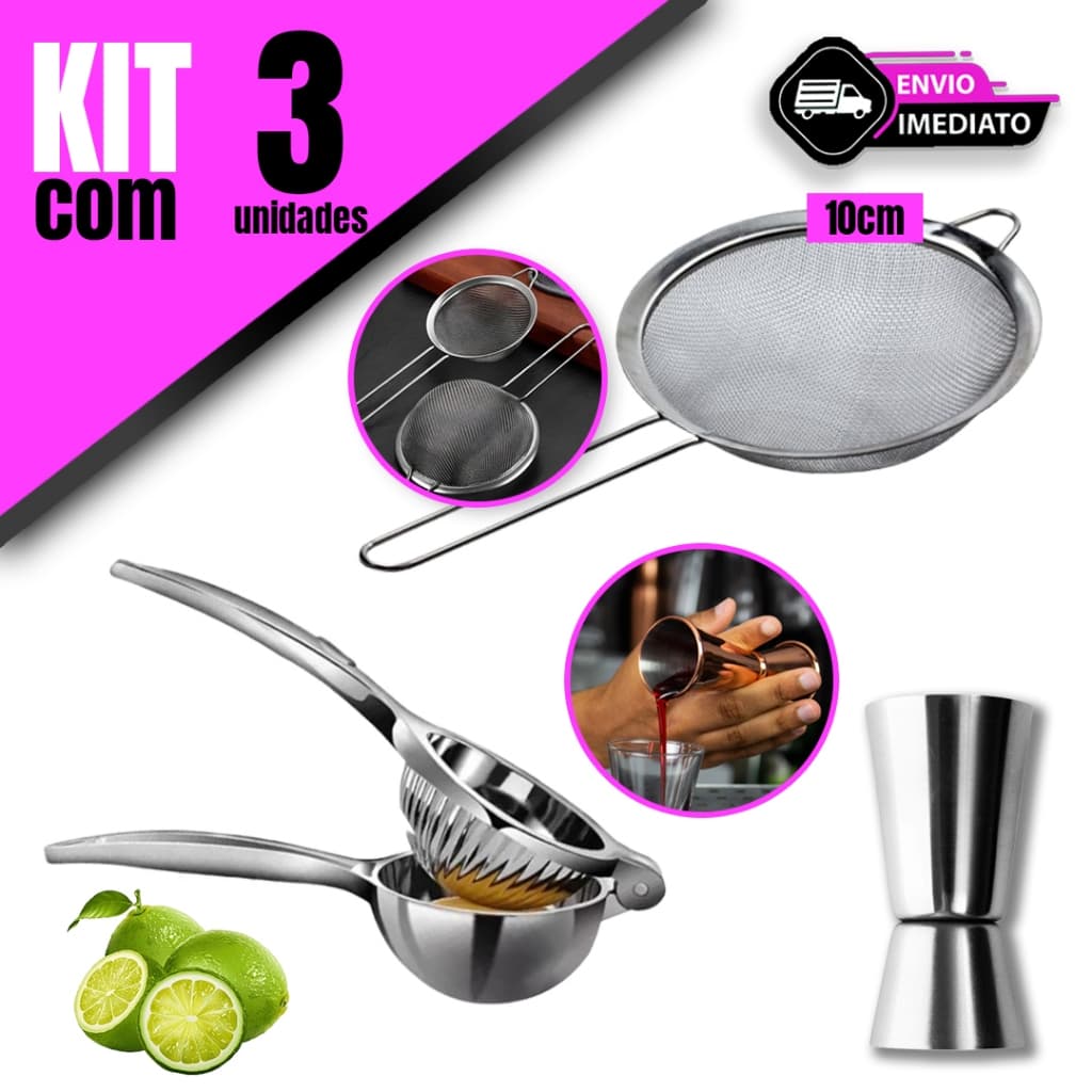 Kit Espremedor de Limão + Peneira 10cm + Dosador em Aço Inox – Praticidade e Agilidade na Cozinha