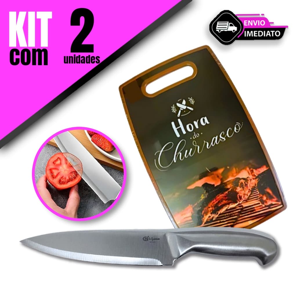 Kit 2 Peças Faca Texas 7 Polegadas + Tábua de Corte com Estampas Aleatórias Ideal para Sua Cozinha