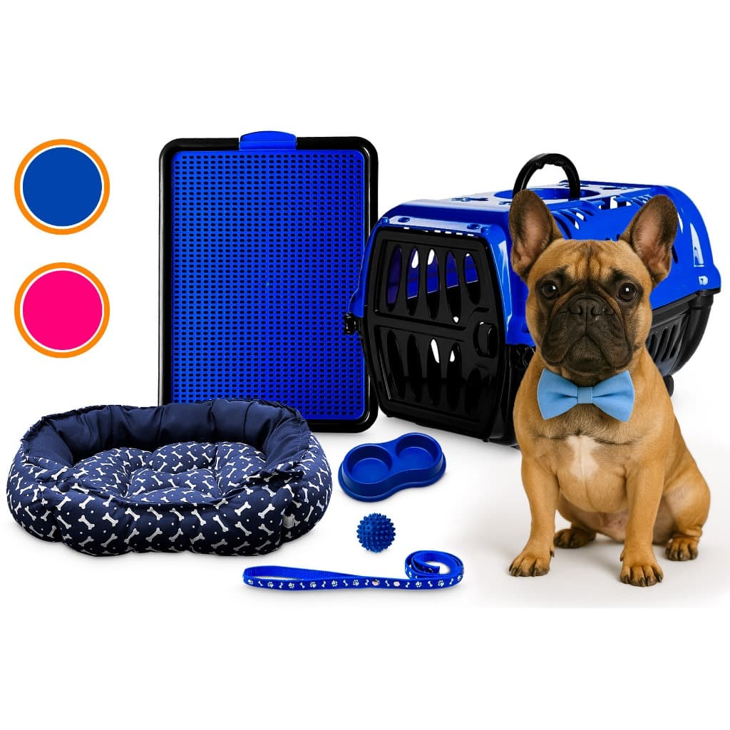 Kit Coleira Casa Cachorro Cama Confort Tapete Sanitário Comedouro 2 em 1 Caixa De Transporte