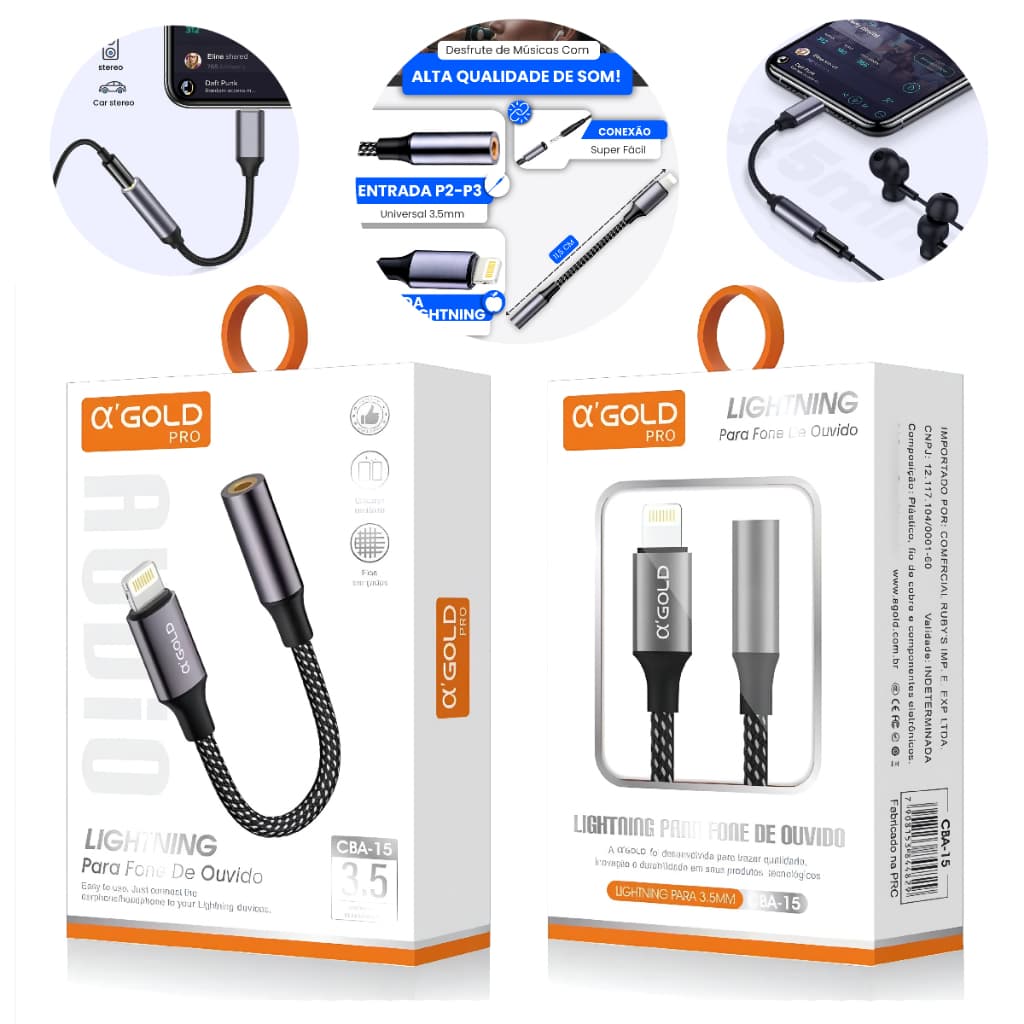 Cabo Adaptador Agold Fone Ouvido P2/93 Para Iphone Lightning Cinza Dac Adaptador Amplificador Iphone
