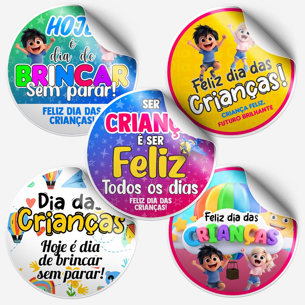 Kit 120 Adesivos Dia das Crianças 4x4cm – Vinil à Prova d’Água, Recorte Eletrônico, Lembrancinhas, Sacolinhas e Decoraçã