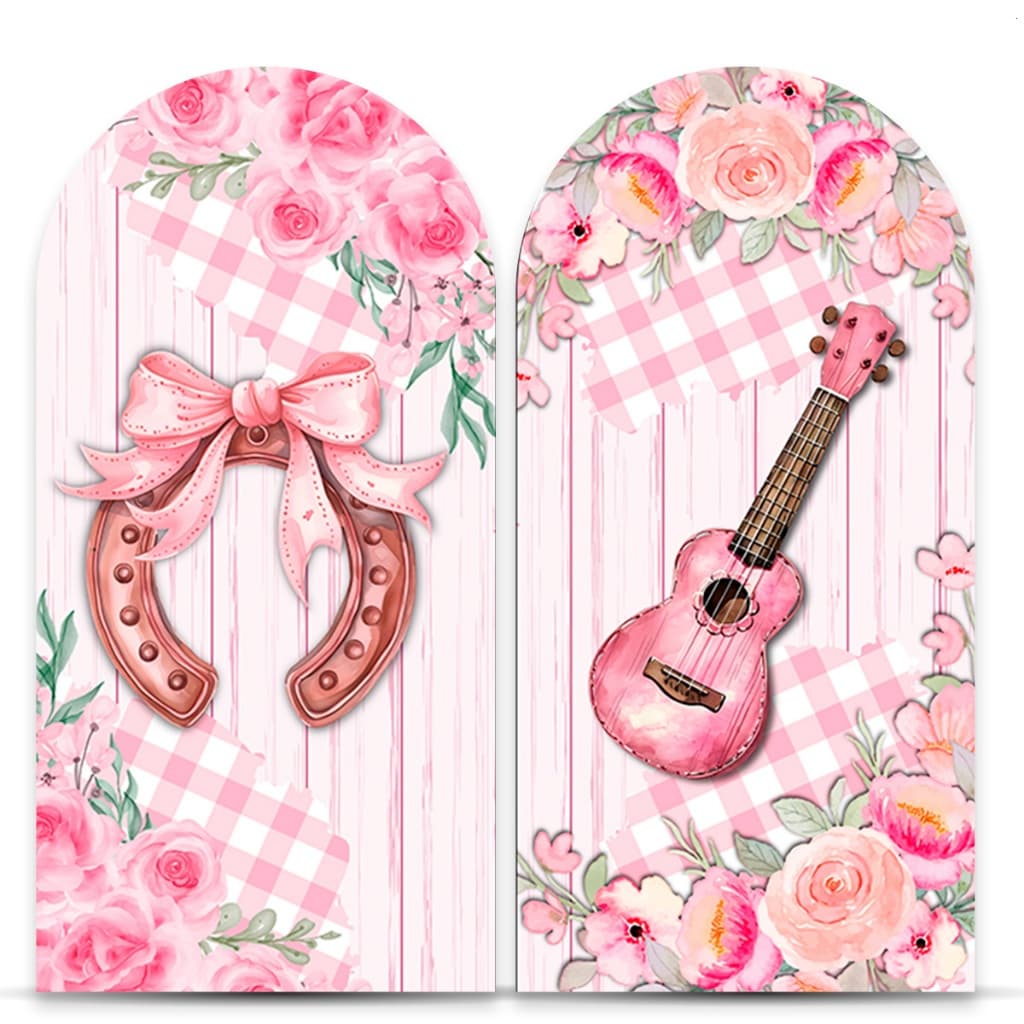 Capa e Kit Festivo Sublimado Tema Boiadeira Violão Cavalo Painel Romano Redondo Capa Cilindro Kit Completo