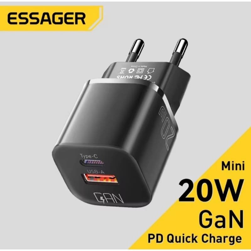 Fonte Essager 20W - 2 entradas - USB A e USB C- carregamento rápido.