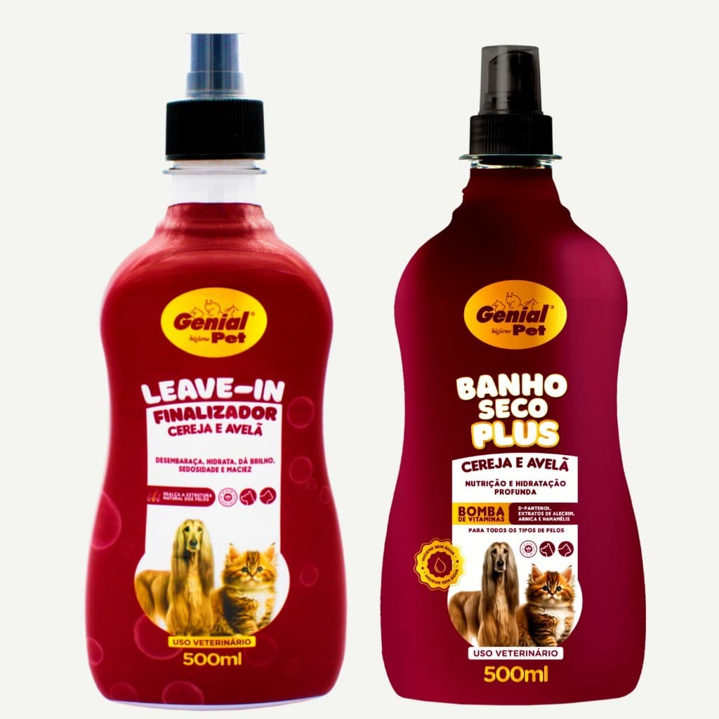 Kit Banho Sem Enxague Banho a Seco Spray E Leave-In Finalizador p/ Cães e Gatos Cereja e Avelã 500ml