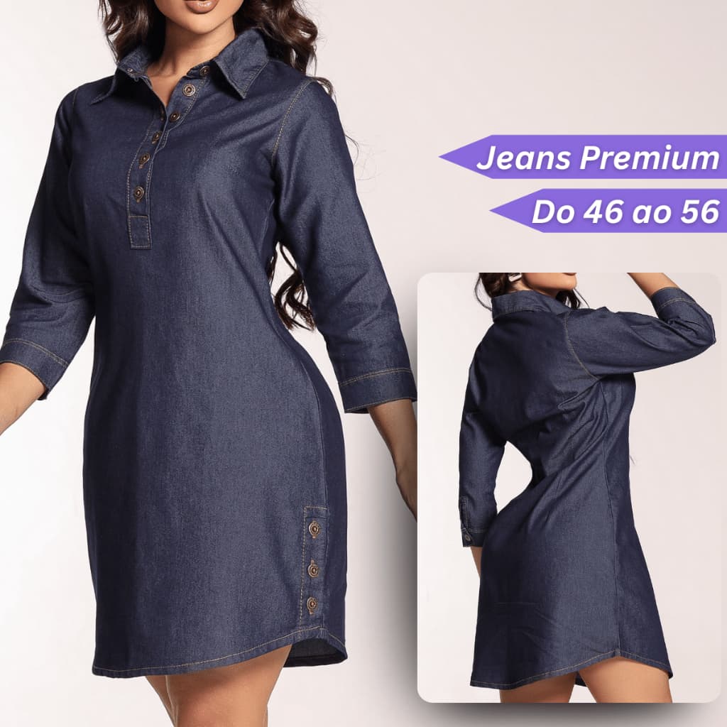 Vestido Chemise Jeans Feminina Manga 3/4 Leve Camisetão S/ Lycra Casual Inverno