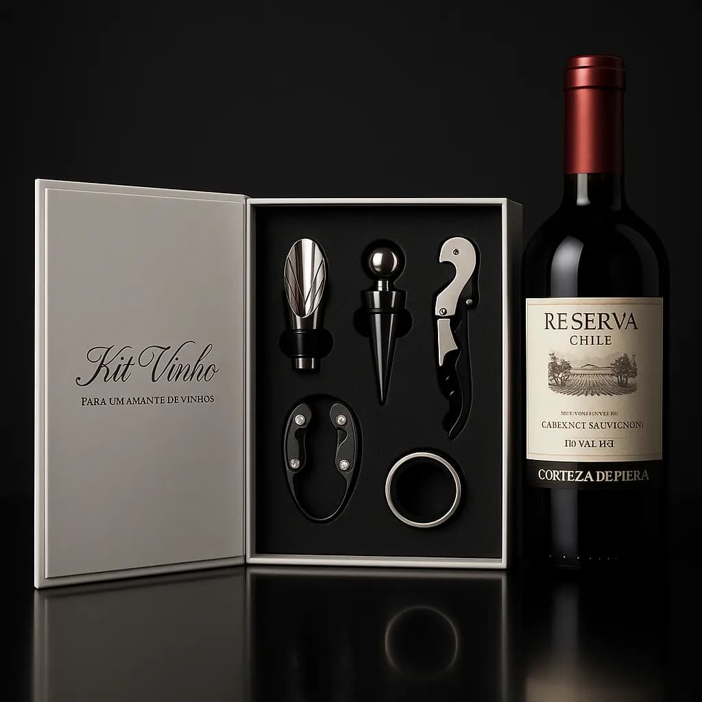 Kit Vinho Presente Abridor Saca Rolhas Tampa Dosador 5 Peças
