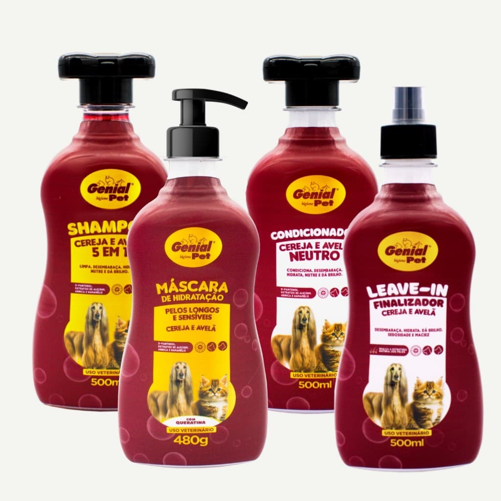 Kit Shampoo Condicionador Mascara de Hidratação Leave-In Finalizador p/ Cães e Gatos Cereja e Avelã 500ml