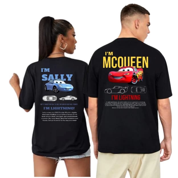 Kit Camisetas Casal 2 Peças Carros McQueen e Sally Disney 100% Algodão Premium Estampada Presente Masculina Feminina