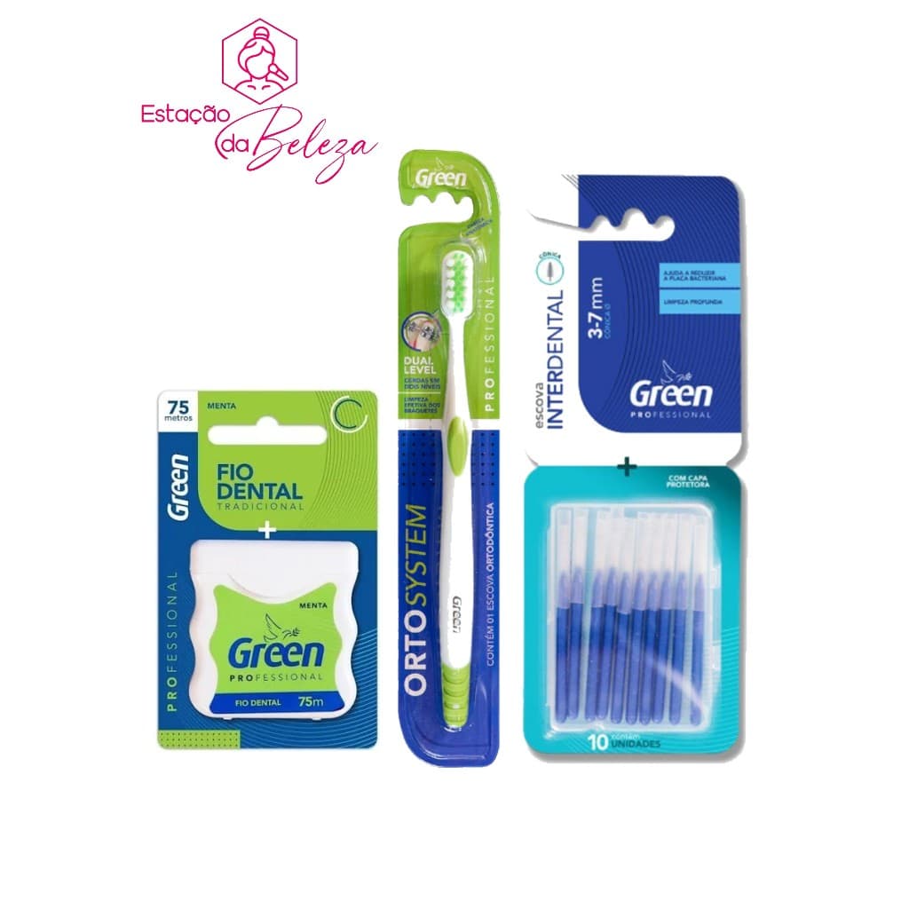 KIT ESCOVA DENTAL ORTODÔNTICA LINHA PROFISSIONAL ORTO SYSTEM  ORIGINAL GREEN DENTAL