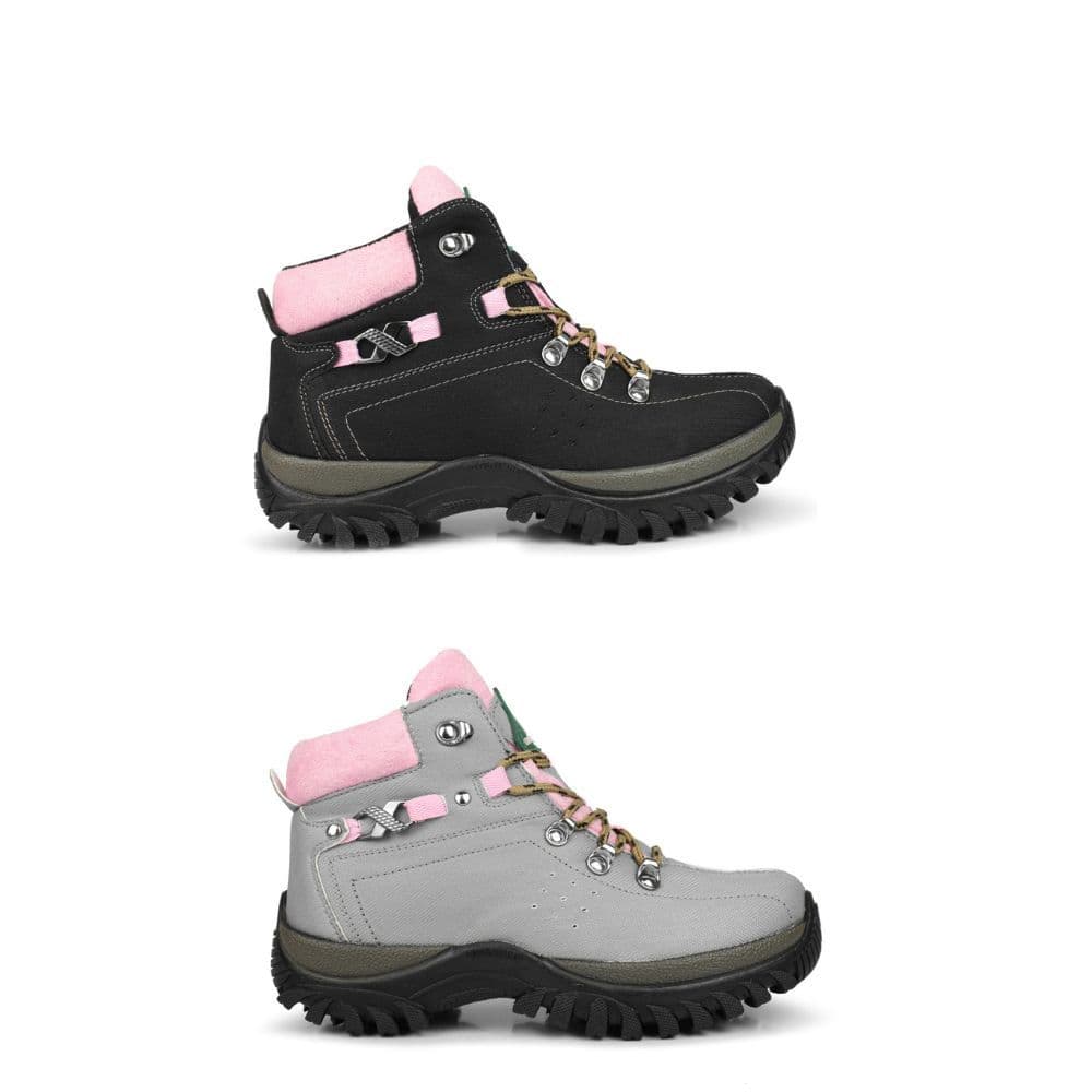 KIT2 PAR COTURNO TÊNIS FEMININO CANO ALTO ADVENTURE ESPORTE EM COURO VEGANO TRILHA RAPEL MONTANHISMO