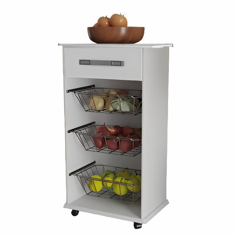 Balcão Fruteira Suporte Bebedouro Cozinha Organizador 3 Cestos Com Rodinhas Branco