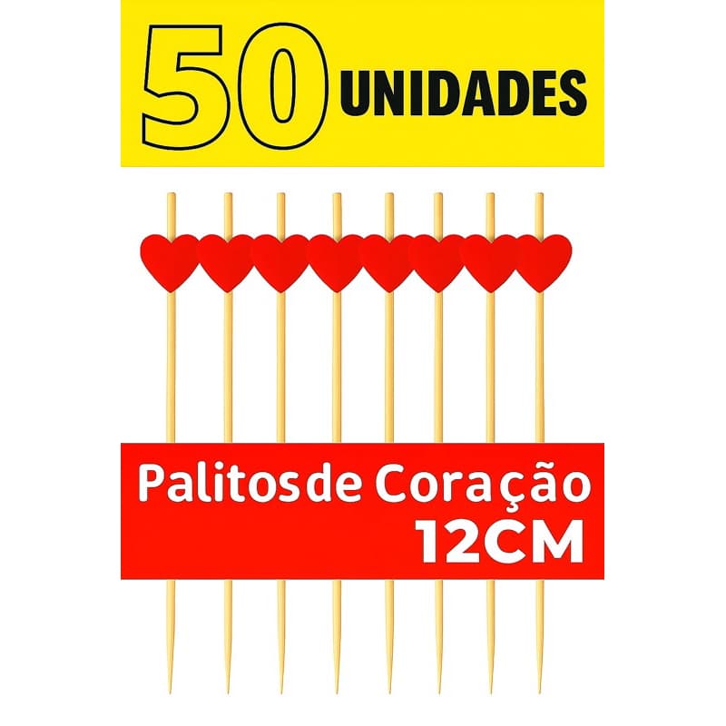 Palito de Coração Vermelho 12cm – 50 Unidades – Bambu Natural Petiscos Festa Decoração