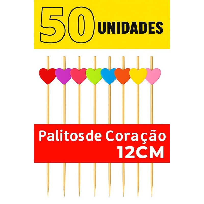 50 unidades de Palito de petisco Coração Colorido 12 Centímetros - Palito de bambu para petisco Para decoração