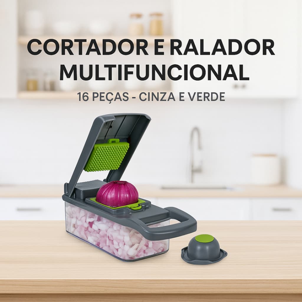 Conjunto Cortador e Ralador de Legumes Manual 16 Peças Fatiador Multifuncional Cozinha Cinza e Verde