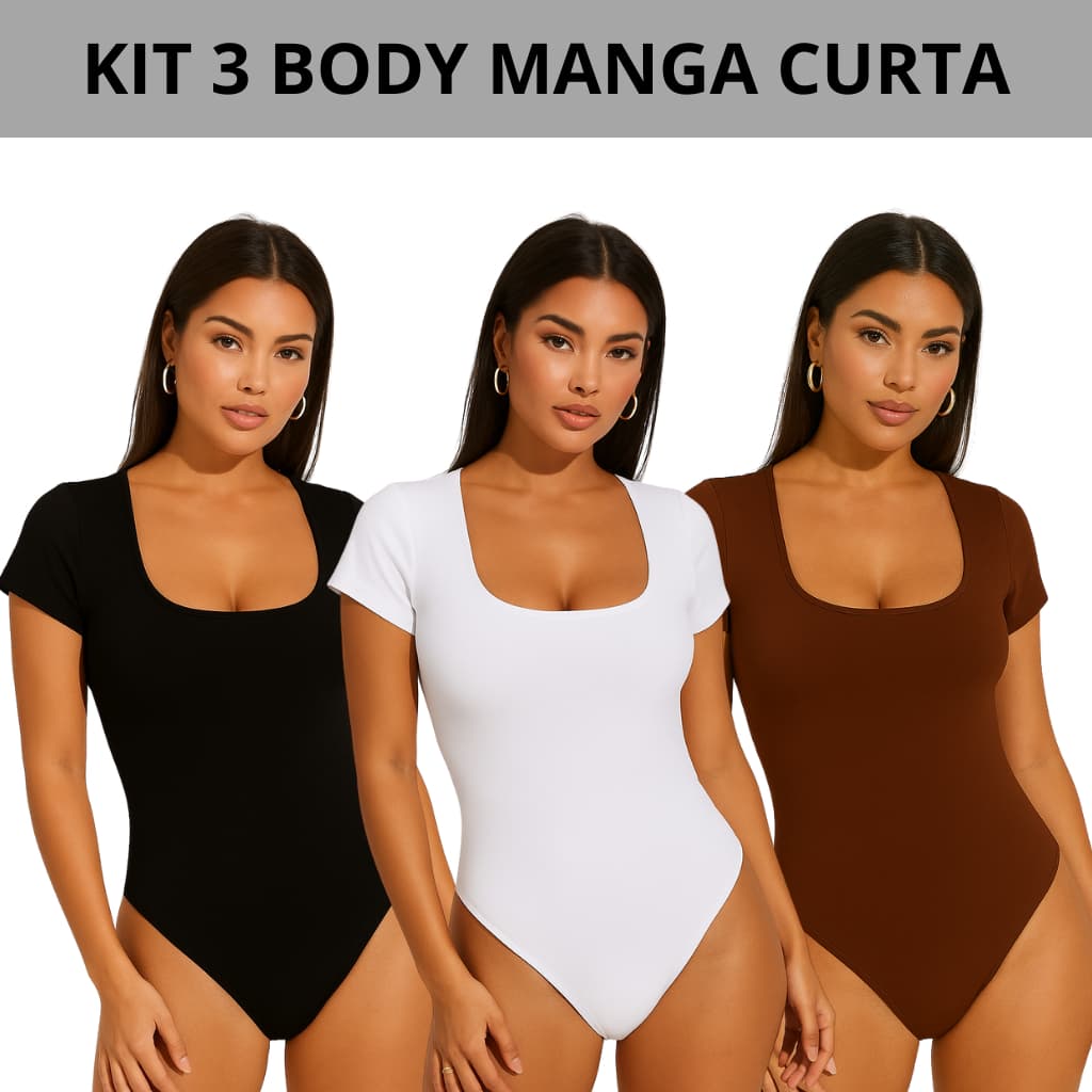 Kit 3 Body Feminino Decote Quadrado Manga Curta Moda Verão Suplex Premium