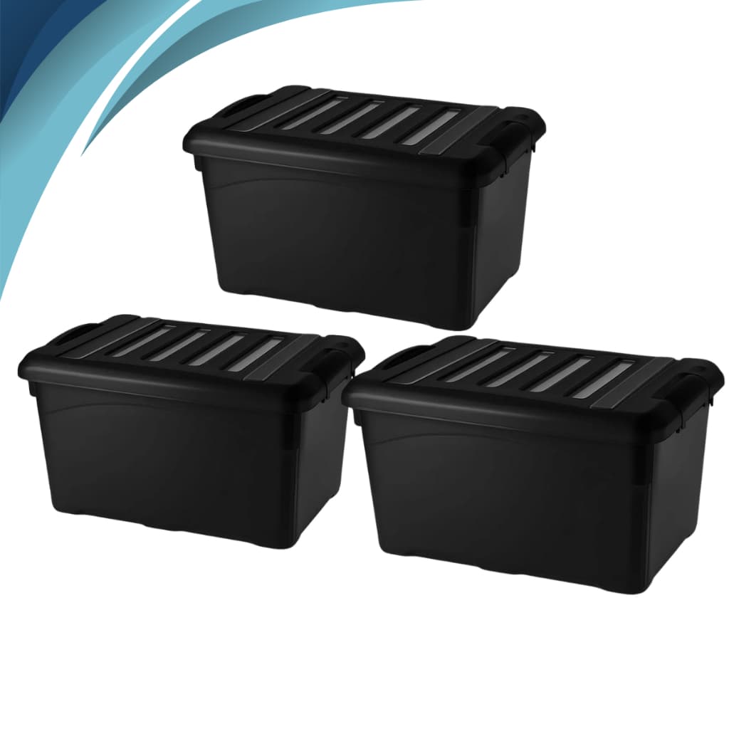 Kit 3 Caixas Organizadoras 95 Litros com Rodinhas e Travas – Caixa Plástica Grande Black